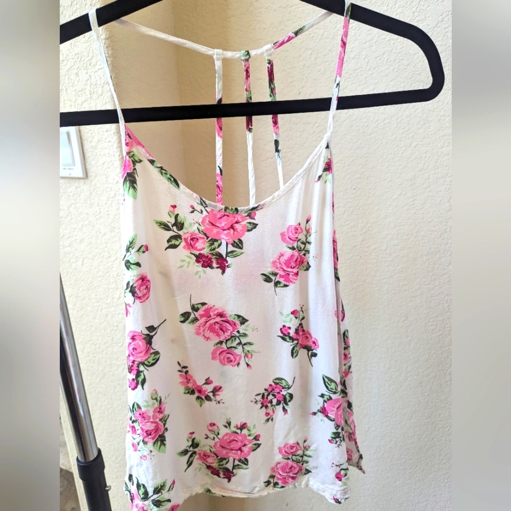 Junior's No Boundaries White/Pink Sleeveless Strappy Floral Blouse XS (1)